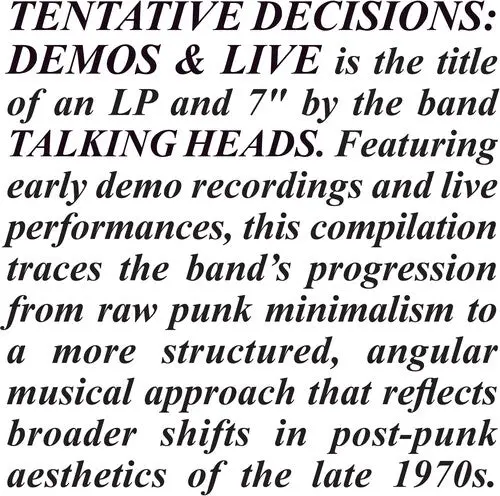 Talking Heads/Tentative Decisions: Demos & Live (Lp+7") [Lp] 1