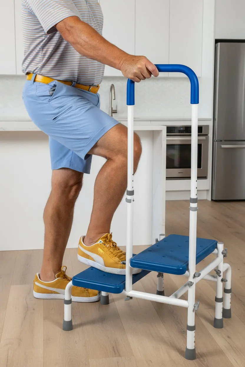 Platinum Health Double Step Stool With Adjustable Handle & Legs – High-View Blue Non-Slip Steps For Safe, Stable Reach – Height Adjustable Support Rail – Heavy-Duty Lightweight Frame 1